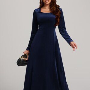 Square Neck Long Sleeve Velvet Dress